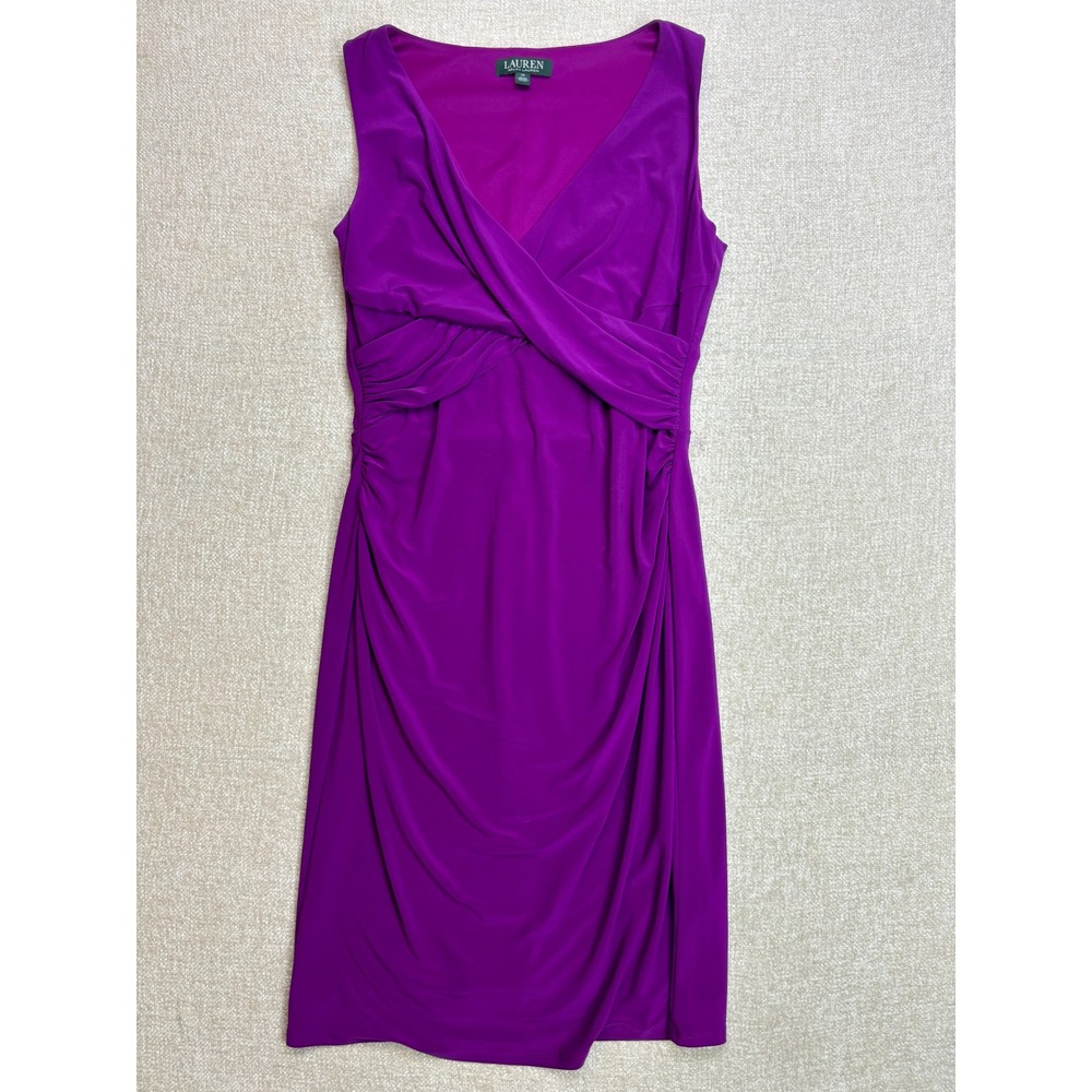 Lauren Ralph Lauren Purple Ruched Surplice V-Neck Sleeveles Sheath Dress Size 10